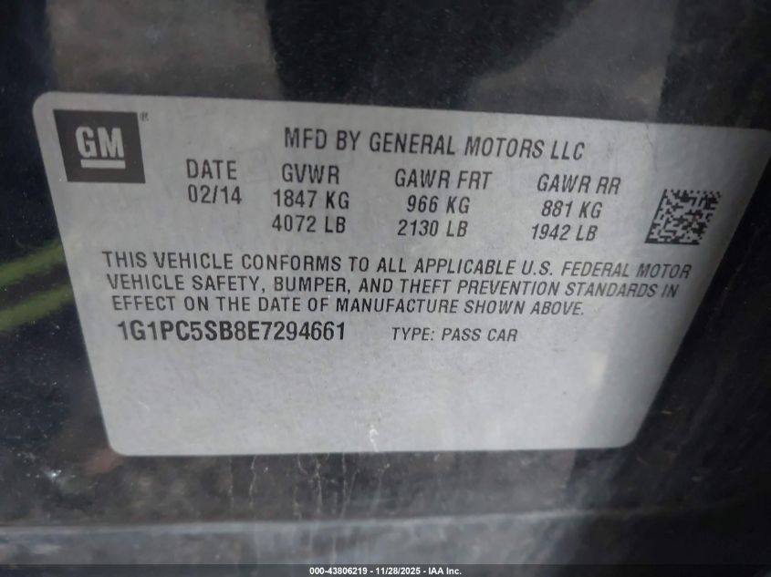 2014 Chevrolet Cruze 1Lt Auto VIN: 1G1PC5SB8E7294661 Lot: 43806219