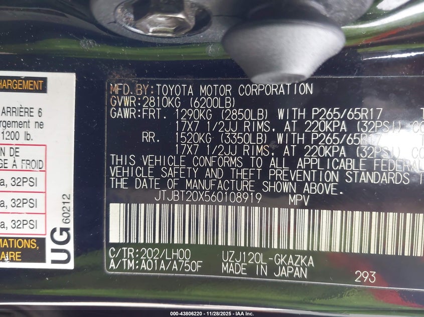 2006 Lexus Gx 470 VIN: JTJBT20X560108919 Lot: 43806220