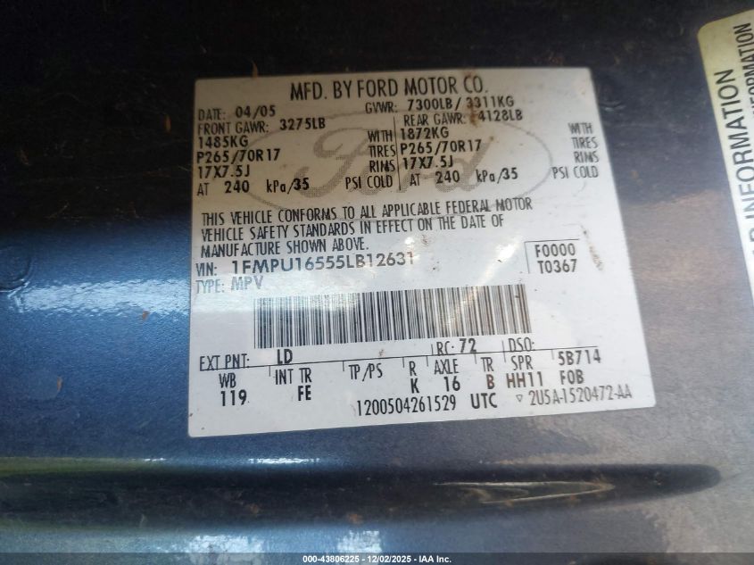 2005 Ford Expedition Nbx/Xlt VIN: 1FMPU16555LB12631 Lot: 43806225