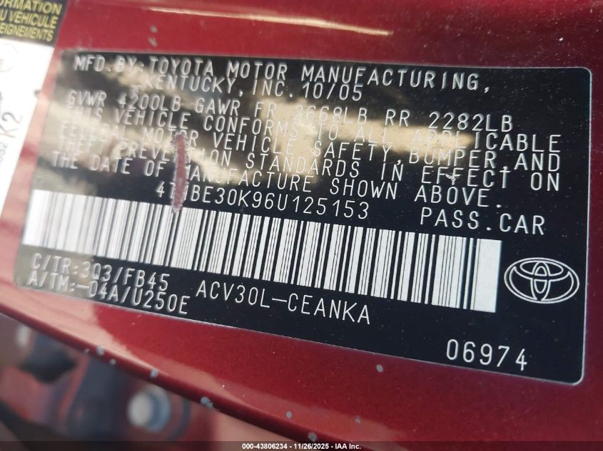 2006 Toyota Camry Le VIN: 4T1BE30K96U125153 Lot: 43806234