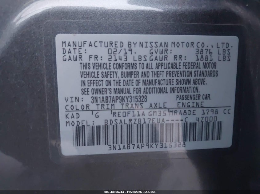 2019 Nissan Sentra Sr VIN: 3N1AB7AP9KY315328 Lot: 43806244