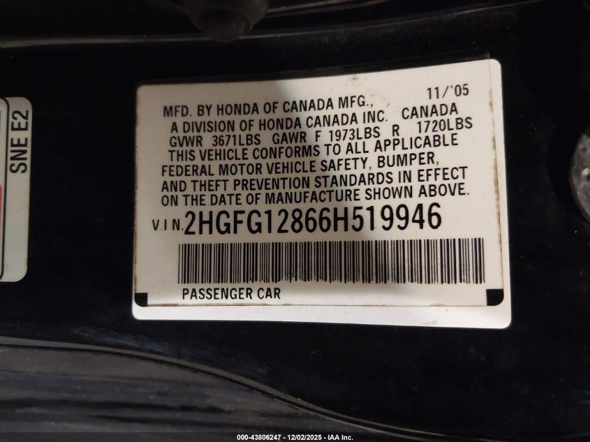 2006 Honda Civic Ex VIN: 2HGFG12866H519946 Lot: 43806247