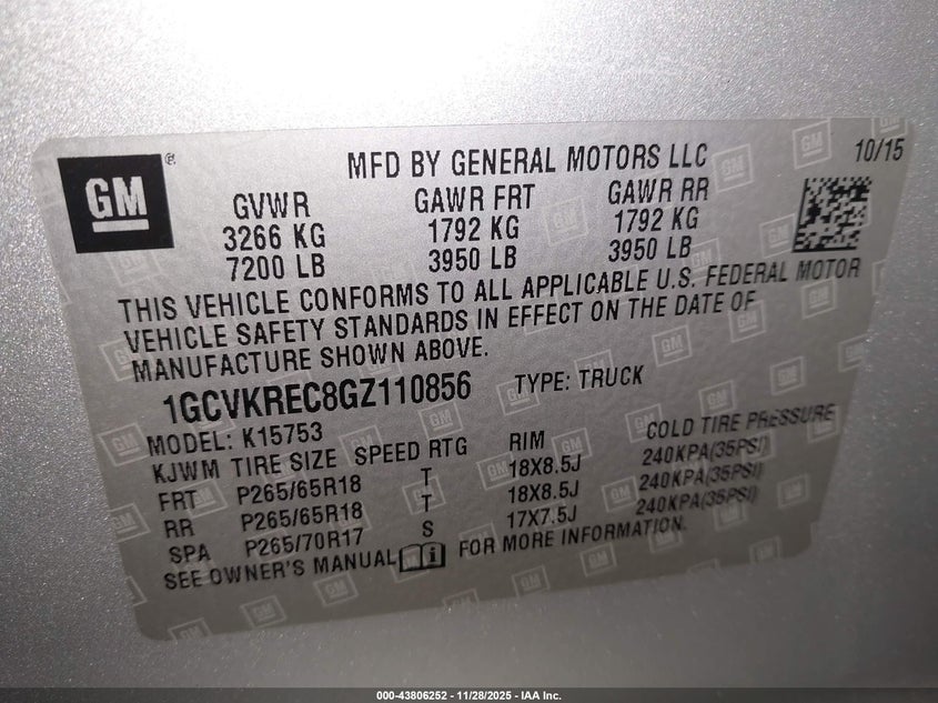 2016 Chevrolet Silverado 1500 2Lt VIN: 1GCVKREC8GZ110856 Lot: 43806252