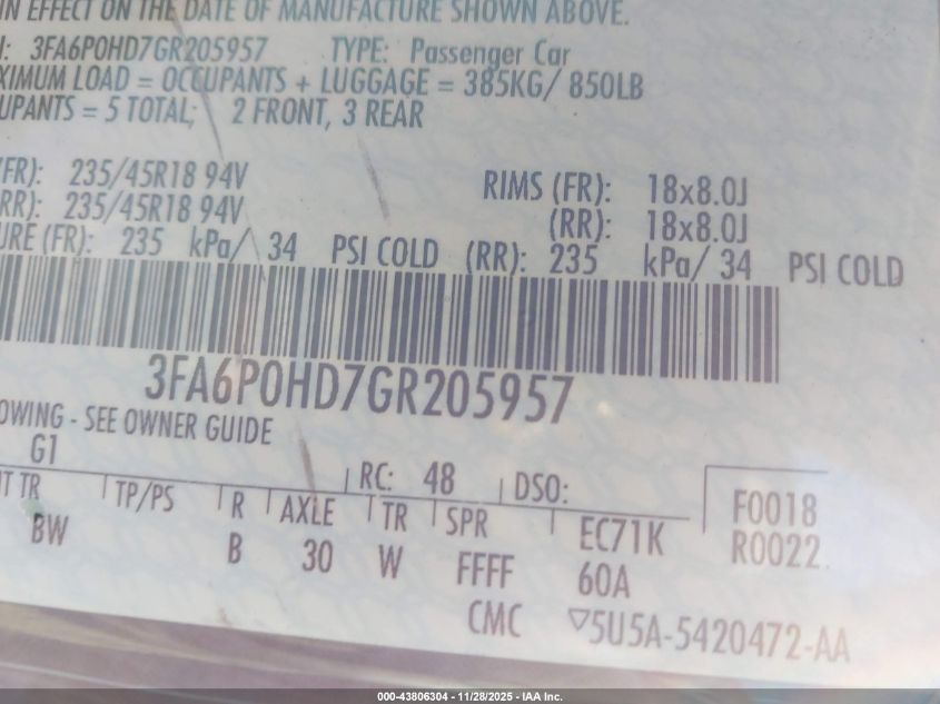 2016 Ford Fusion Se VIN: 3FA6P0HD7GR205957 Lot: 43806304