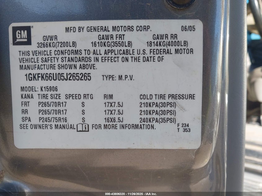 2005 GMC Yukon Xl 1500 Denali VIN: 1GKFK66U05J265265 Lot: 43806320