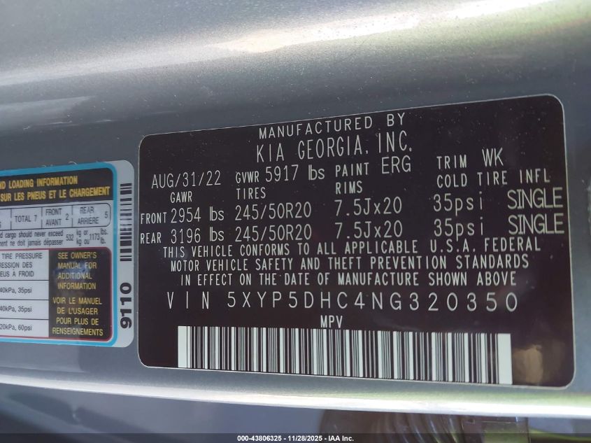 2022 Kia Telluride Sx VIN: 5XYP5DHC4NG320350 Lot: 43806325