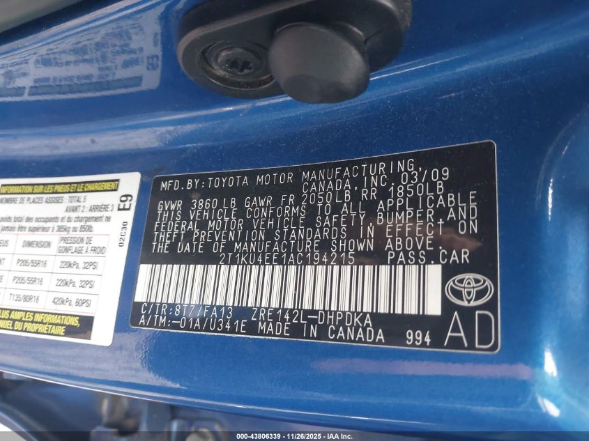 2010 Toyota Matrix VIN: 2T1KU4EE1AC194215 Lot: 43806339