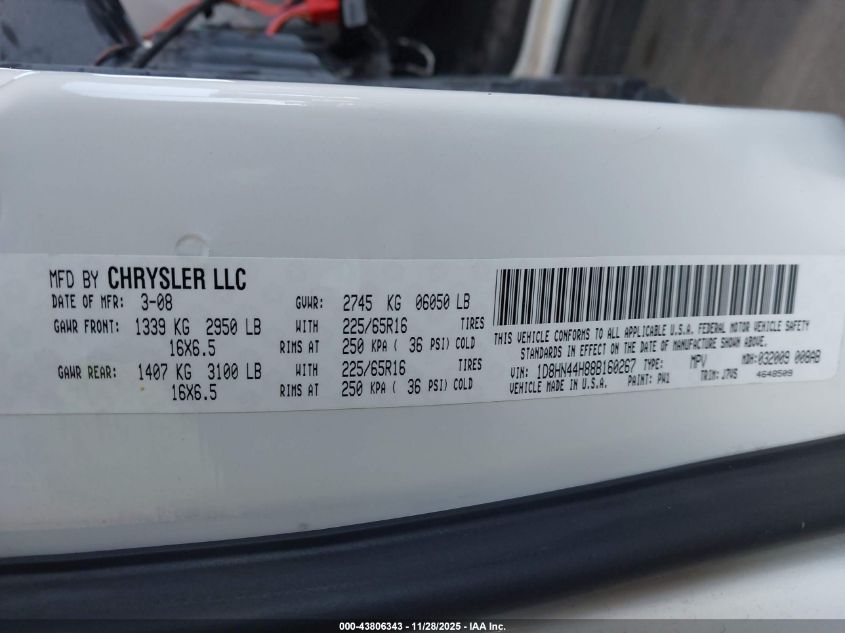 2008 Dodge Grand Caravan Se VIN: 1D8HN44H88B160267 Lot: 43806343