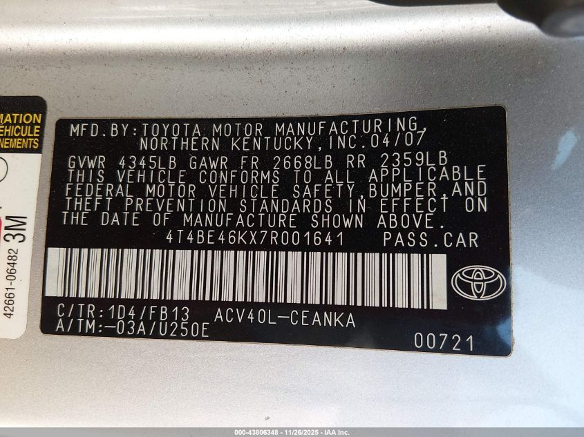 2007 Toyota Camry Le VIN: 4T4BE46KX7R001641 Lot: 43806348