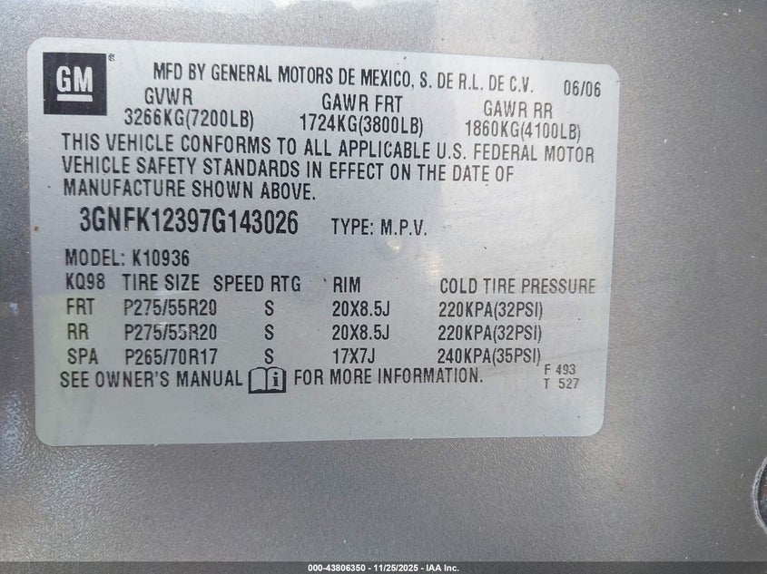 2007 Chevrolet Avalanche 1500 Lt VIN: 3GNFK12397G143026 Lot: 43806350