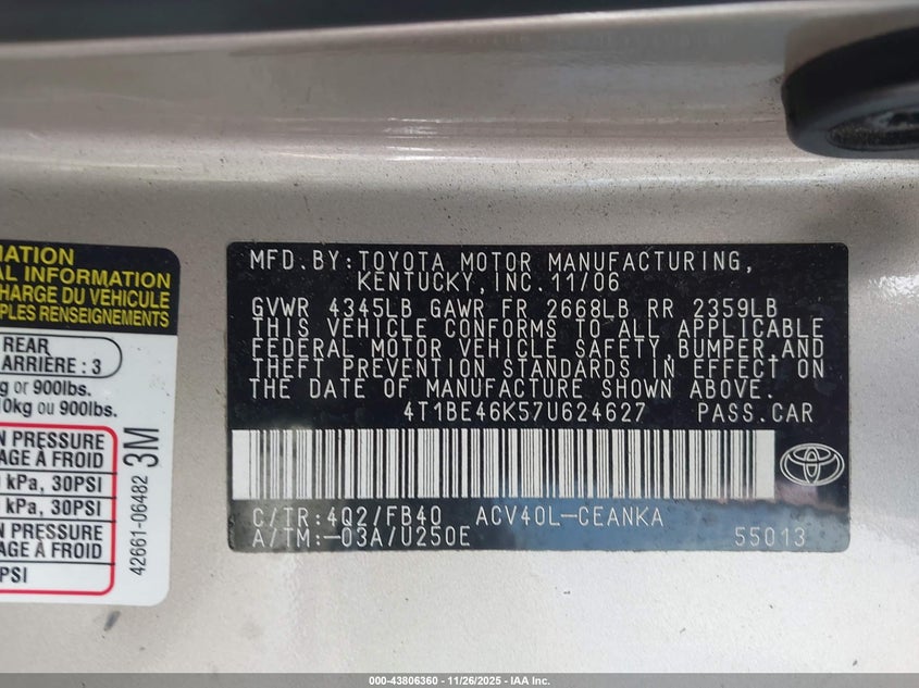 2007 Toyota Camry Le VIN: 4T1BE46K57U624627 Lot: 43806360