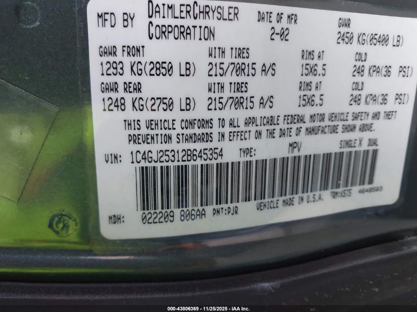 2002 Chrysler Voyager VIN: 1C4GJ25312B645354 Lot: 43806369