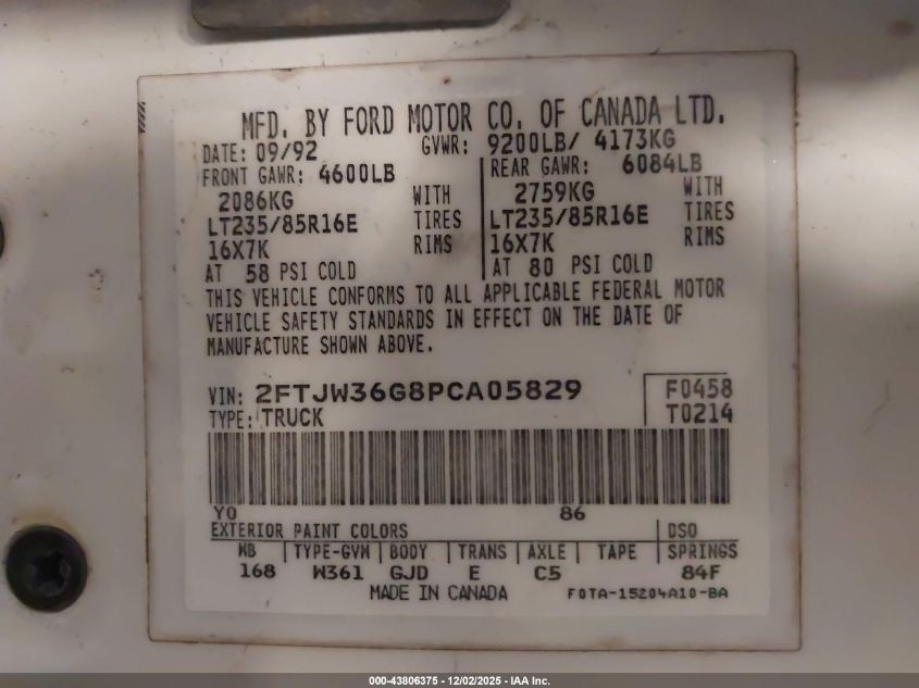 1993 Ford F350 VIN: 2FTJW36G8PCA05829 Lot: 43806375