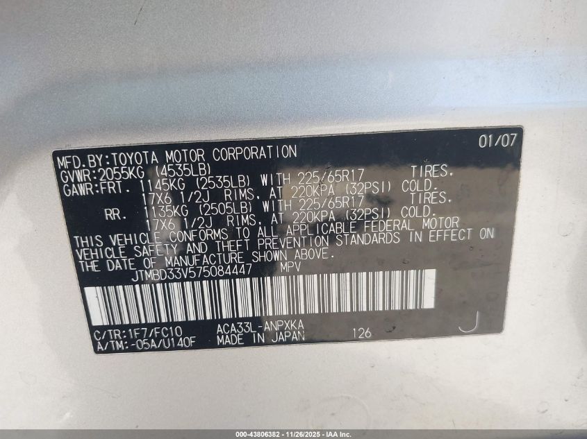 2007 Toyota Rav4 VIN: JTMBD33V575084447 Lot: 43806382