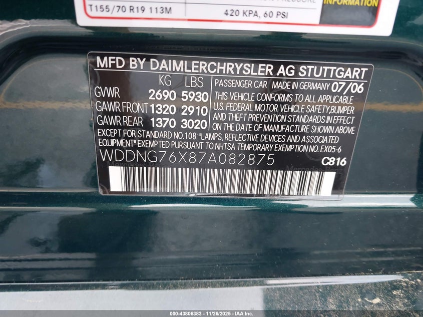2007 Mercedes-Benz S 600 VIN: WDDNG76X87A082875 Lot: 43806383