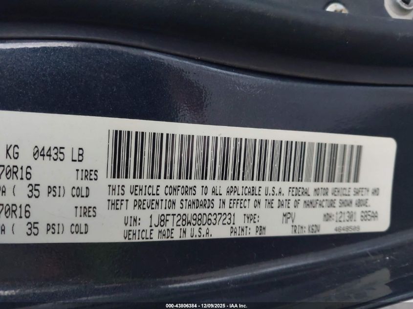 2008 Jeep Patriot Sport VIN: 1J8FT28W98D637231 Lot: 43806384