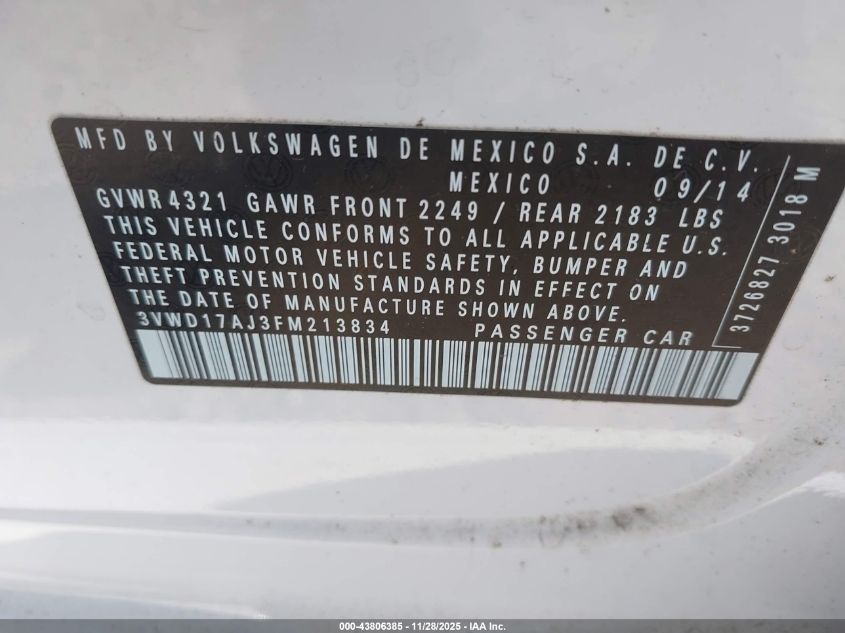 2015 Volkswagen Jetta 1.8T Sport VIN: 3VWD17AJ3FM213834 Lot: 43806385