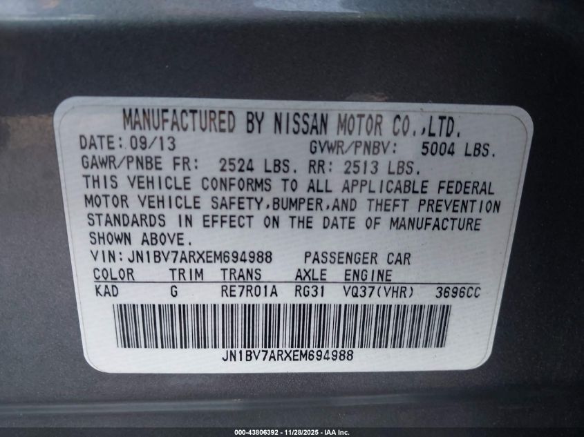 2014 Infiniti Q50 Premium VIN: JN1BV7ARXEM694988 Lot: 43806392