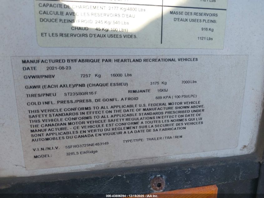 2022 Heartland Elkridge VIN: 5SFRG3729NE483149 Lot: 43806394