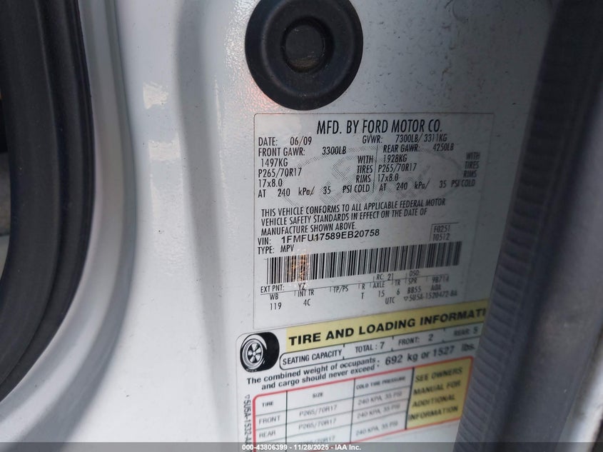 2009 Ford Expedition Eddie Bauer/King Ranch VIN: 1FMFU17589EB20758 Lot: 43806399