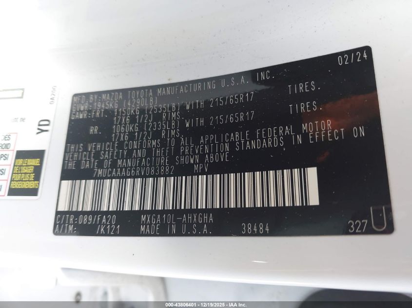 2024 Toyota Corolla Cross Le VIN: 7MUCAAAG6RV08388 Lot: 43806401