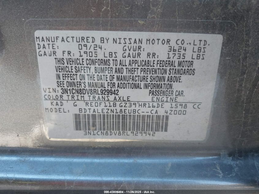 2024 Nissan Versa 1.6 S VIN: 3N1CN8DV8RL929942 Lot: 43806404
