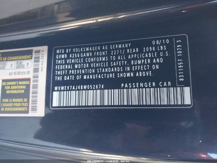 2011 Volkswagen Gti 2-Door VIN: WVWEV7AJ4BW052674 Lot: 43806413