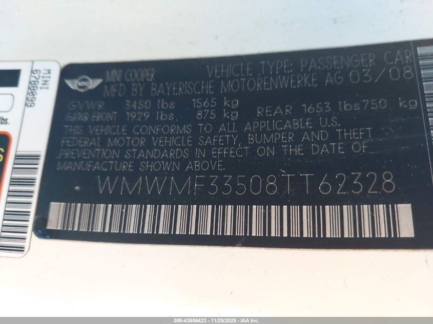 2008 Mini Cooper VIN: WMWMF33508TT62328 Lot: 43806423