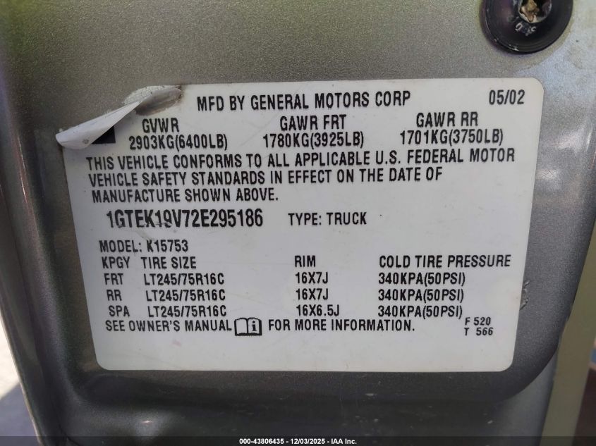 2002 GMC Sierra 1500 Sle VIN: 1GTEK19V72E295186 Lot: 43806435