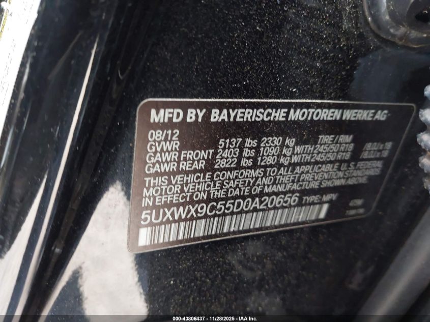 2013 BMW X3 xDrive28I VIN: 5UXWX9C55D0A20656 Lot: 43806437