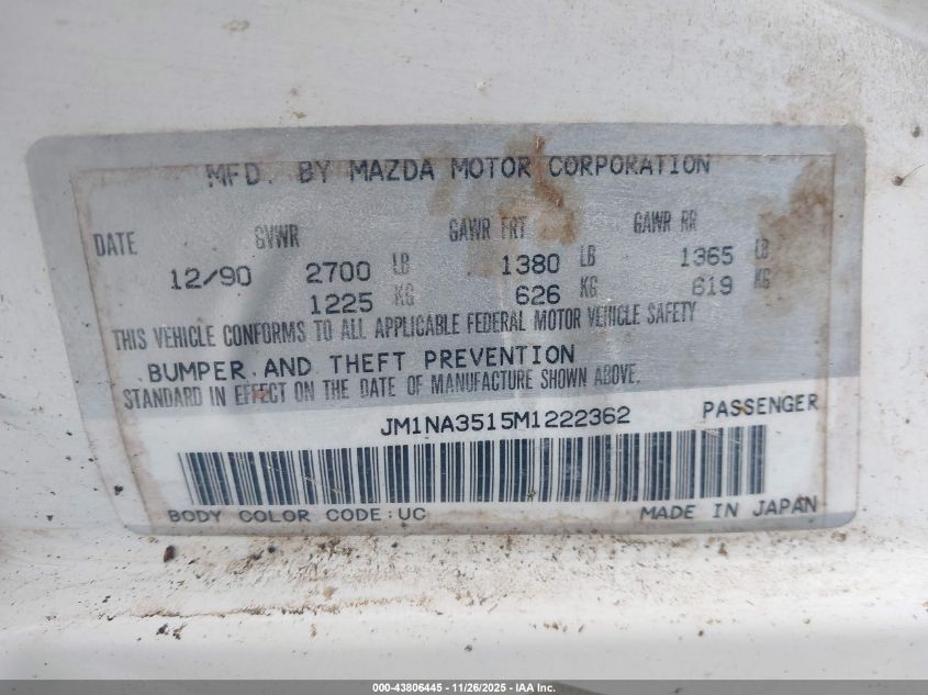 1991 Mazda Mx-5 Miata VIN: JM1NA3515M1222362 Lot: 43806445