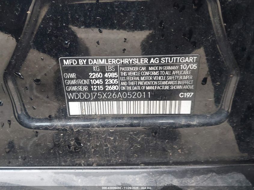 2006 Mercedes-Benz Cls 500 VIN: WDDDJ75X26A052011 Lot: 43806450