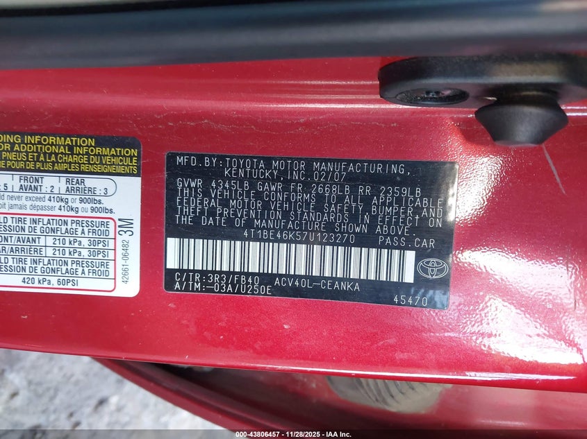 2007 Toyota Camry Le VIN: 4T1BE46K57U123270 Lot: 43806457