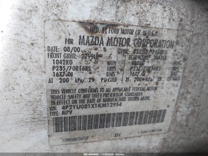 2001 Mazda Tribute Es V6/Lx V6 VIN: 4F2YU081X1KM12954 Lot: 43806467