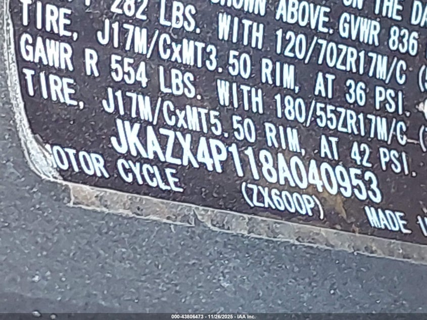 2008 Kawasaki Zx600 P VIN: JKAZX4P118A040953 Lot: 43806473