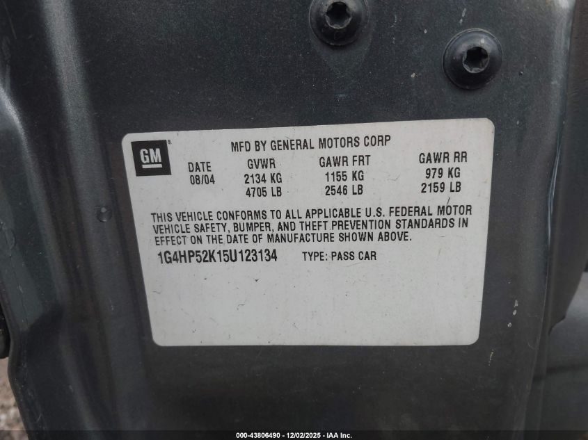 2005 Buick Lesabre Custom VIN: 1G4HP52K15U123134 Lot: 43806490