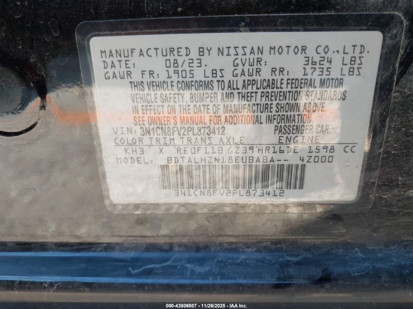 2023 Nissan Versa 1.6 Sr Xtronic Cvt VIN: 3N1CN8FV2PL873412 Lot: 43806507