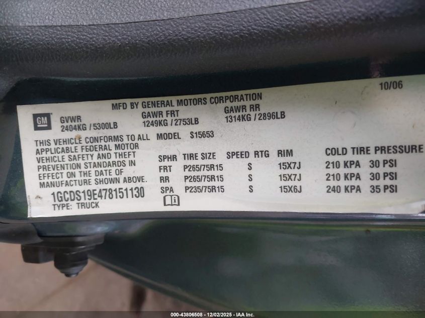 2007 Chevrolet Colorado Lt VIN: 1GCDS19E478151130 Lot: 43806508