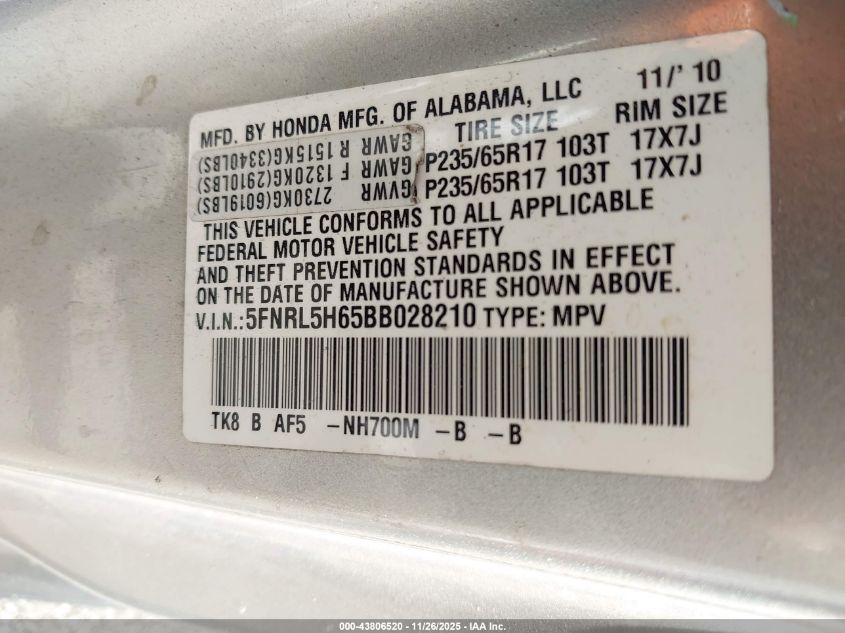 2011 Honda Odyssey Ex-L VIN: 5FNRL5H65BB028210 Lot: 43806520