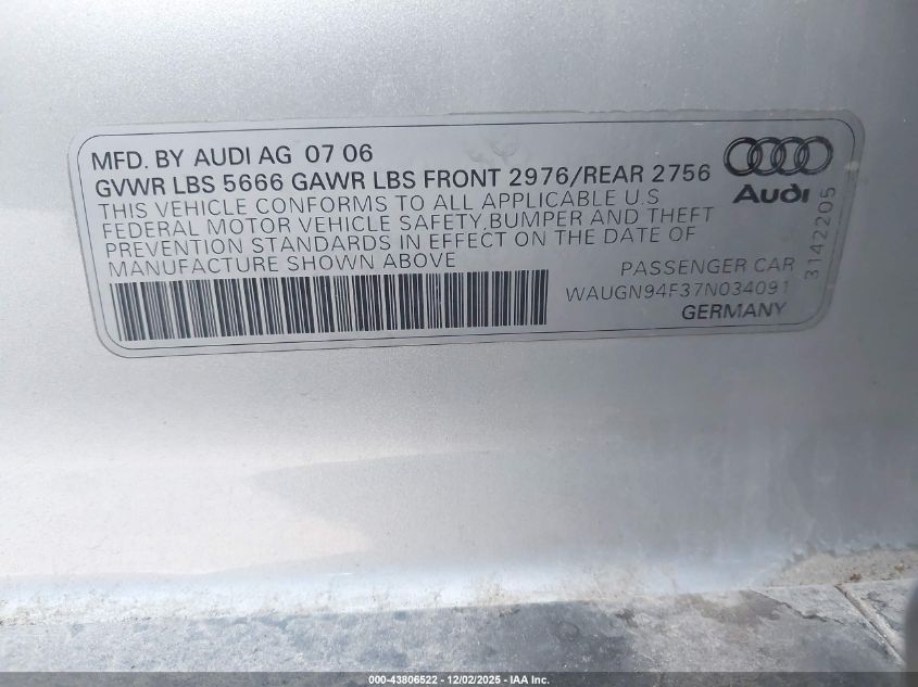 2007 Audi S6 5.2 VIN: WAUGN94F37N034091 Lot: 43806522