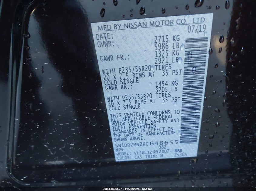 2019 Nissan Pathfinder Platinum VIN: 5N1DR2MN2KC648655 Lot: 43806527