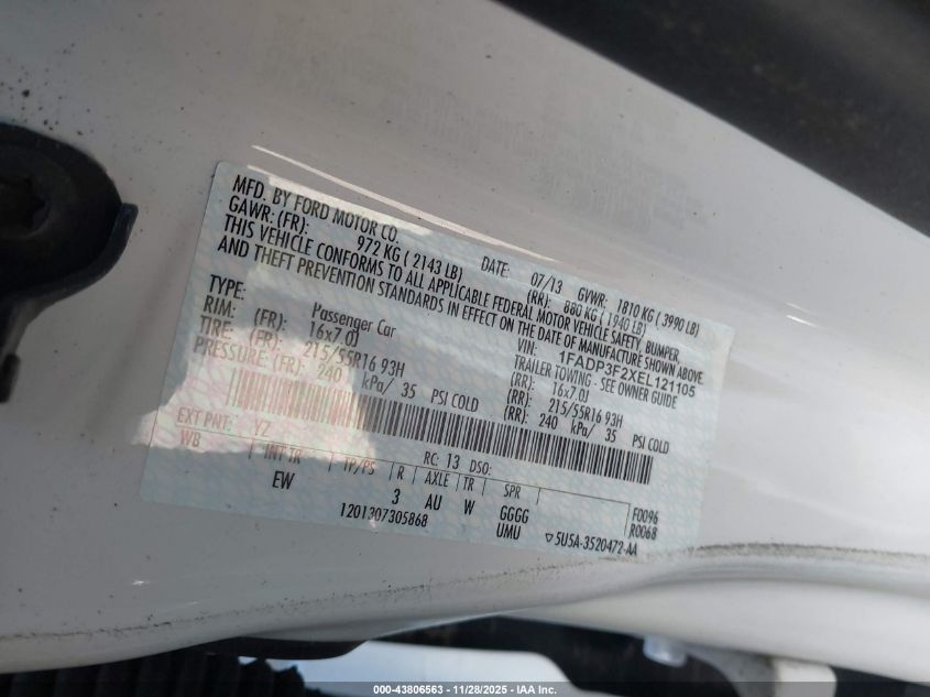 2014 Ford Focus Se VIN: 1FADP3F2XEL121105 Lot: 43806563