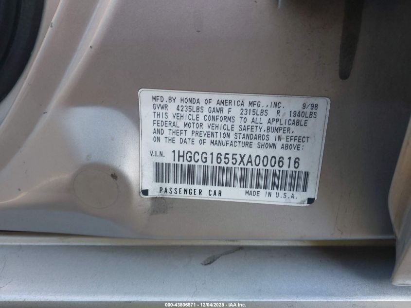 1999 Honda Accord Ex V6 VIN: 1HGCG1655XA000616 Lot: 43806571