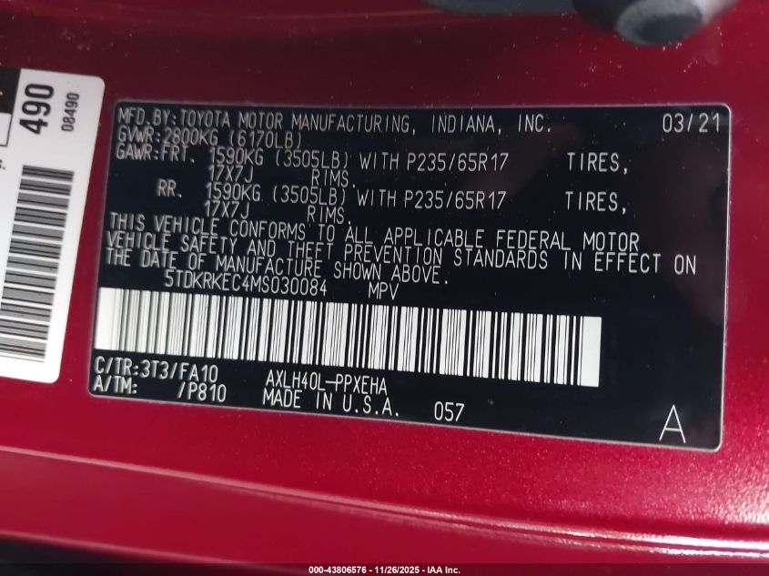 2021 Toyota Sienna Le VIN: 5TDKRKEC4MS030084 Lot: 43806576