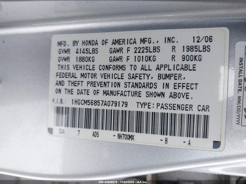 1HGCM56857A079179 2007 HONDA ACCORD photo no. 9