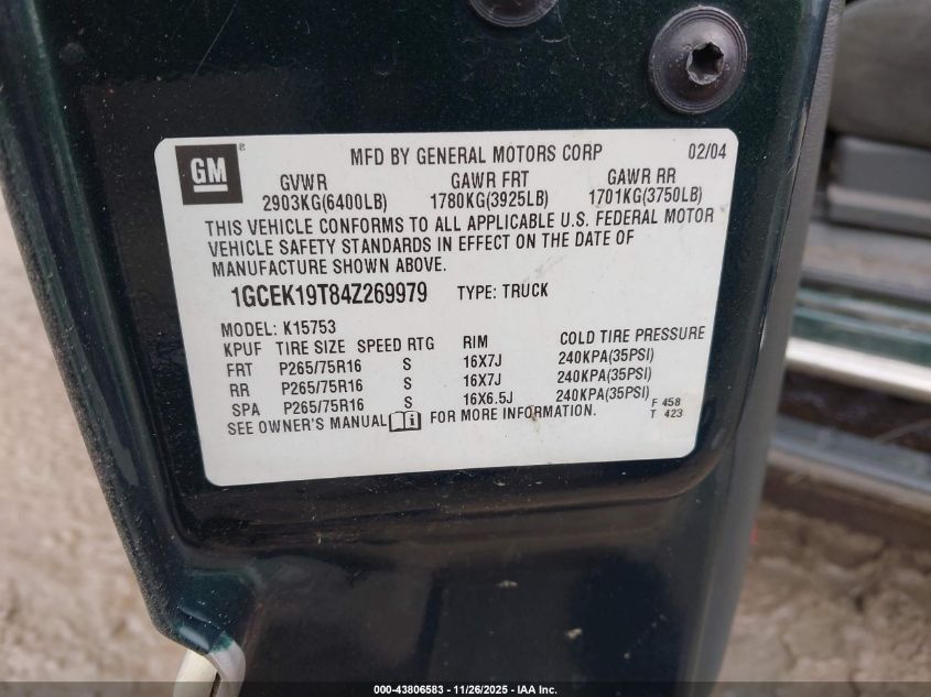 2004 Chevrolet Silverado 1500 Z71 VIN: 1GCEK19T84Z269979 Lot: 43806583