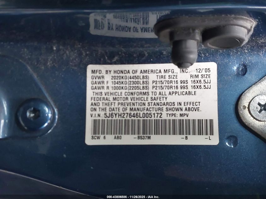 2006 Honda Element Ex VIN: 5J6YH27646L005172 Lot: 43806586