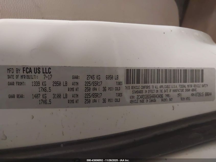 2017 Dodge Grand Caravan Se VIN: 2C4RDGBG5HR843496 Lot: 43806592