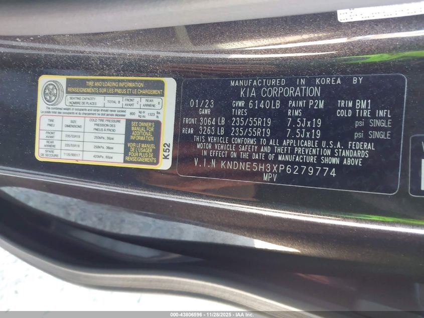 2023 Kia Carnival Mpv Sx Prestige VIN: KNDNE5H3XP6279774 Lot: 43806596