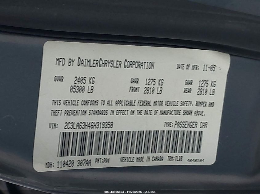 2006 Chrysler 300C VIN: 2C3LA63H46H319358 Lot: 43806604